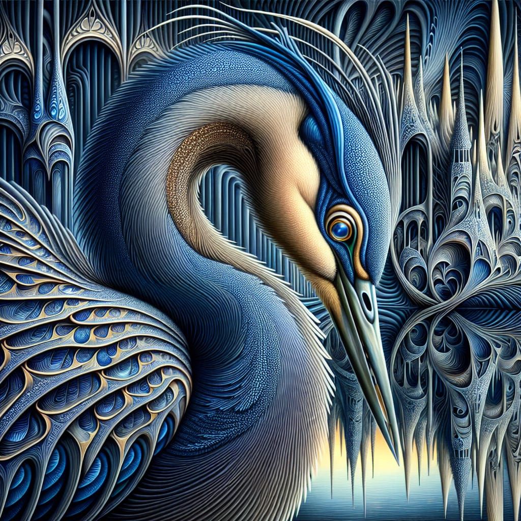 Majestic Blue Heron in Neo-Gothic Labyrinth