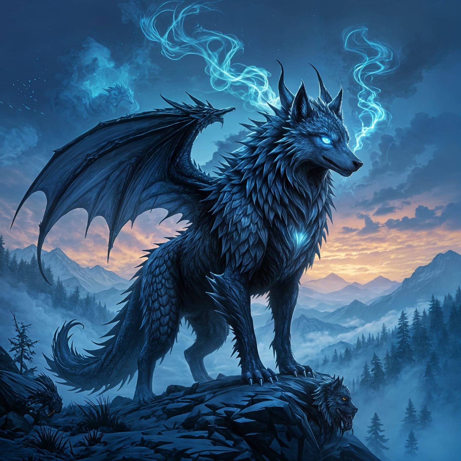 Dragon-Wolf Hybrid With Ethereal Blue Eyes in Dark Fantasy A...