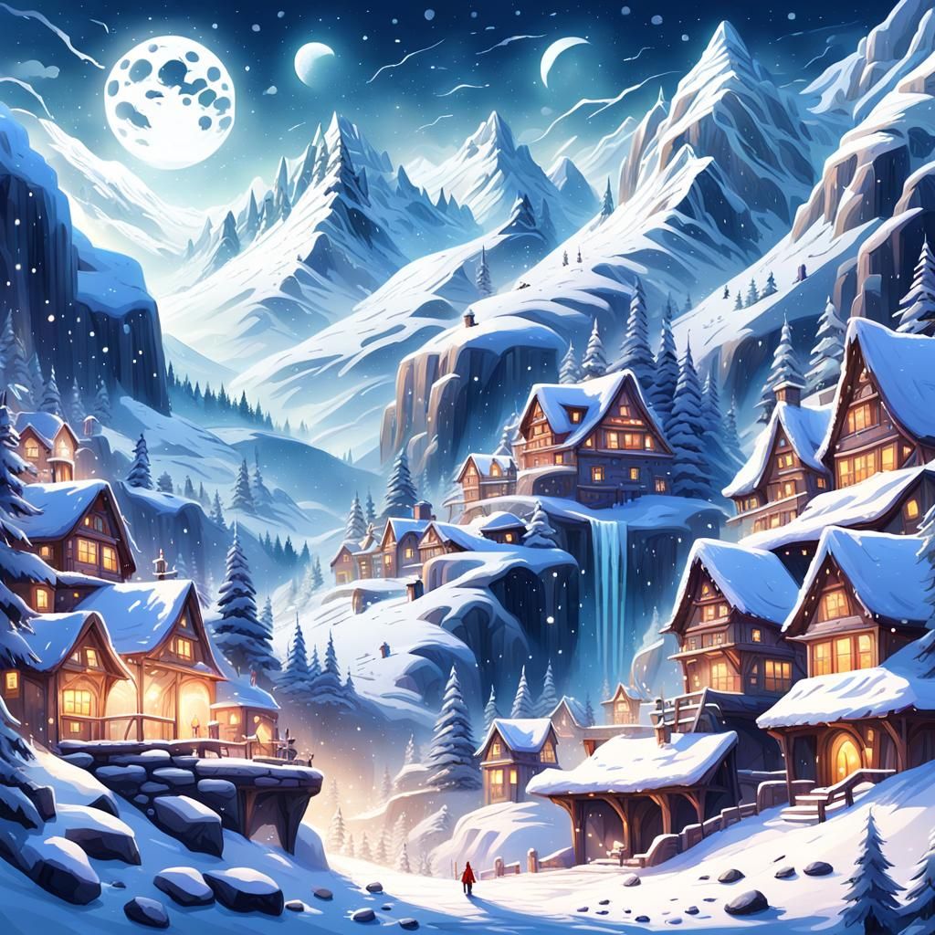 Snowy Village Valley Under Moonlight in Digital Painting