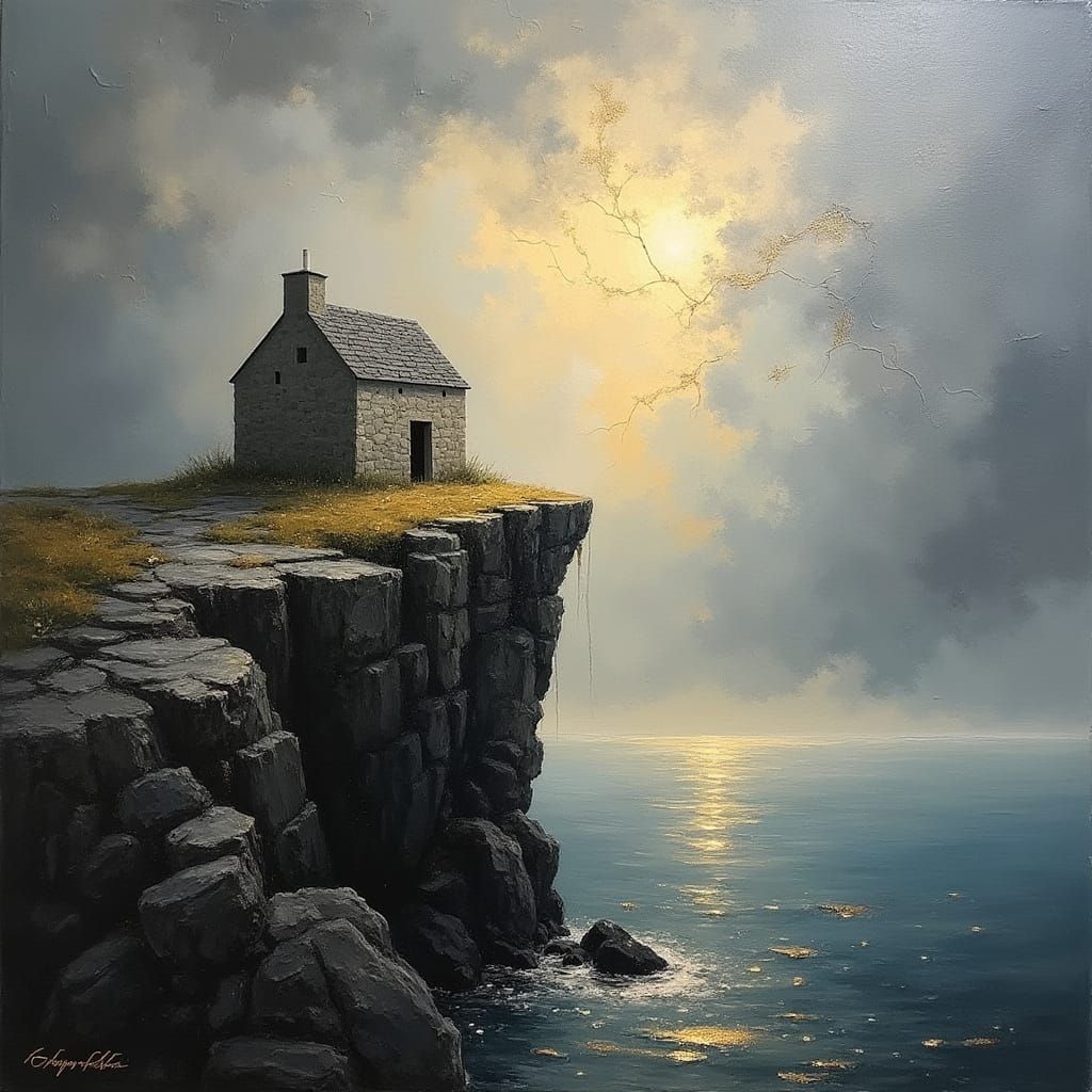 Impressionist Stone House on Stormy Cliff