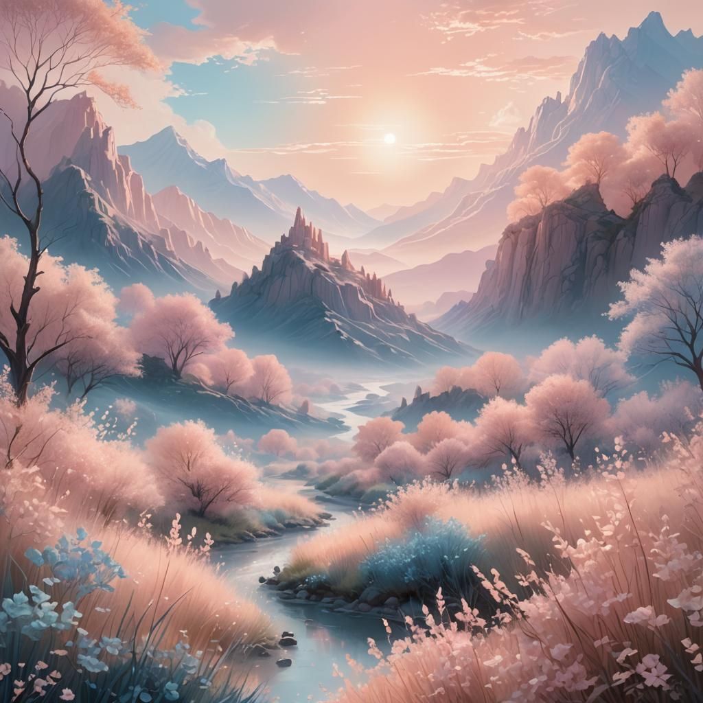 Pastel Serenity: A Dreamy Landscape in Matte Painting Style