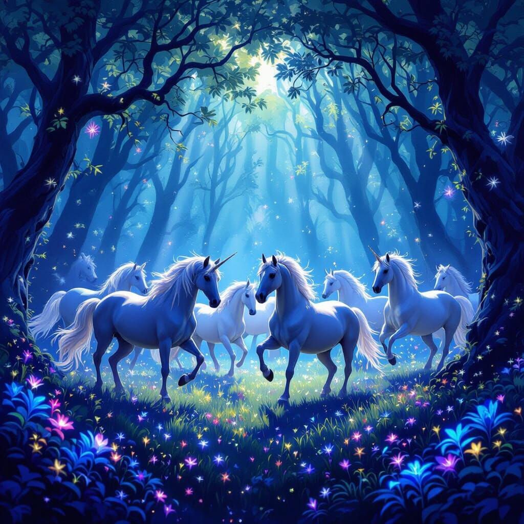 Majestic Horses Dance in Enchanted Fantasy Forest