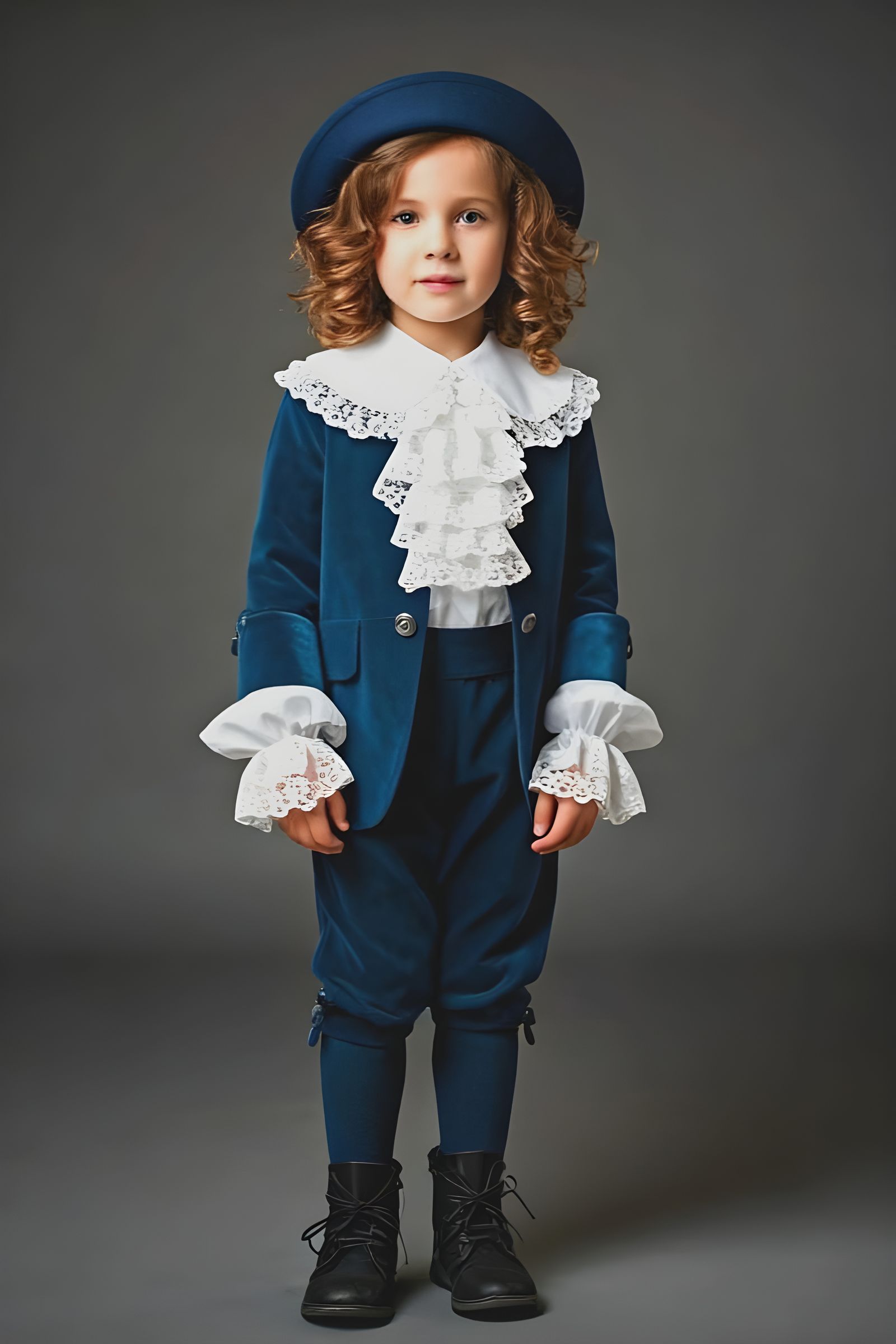 A boy dressed in a Little Lord Fauntleroy costume,