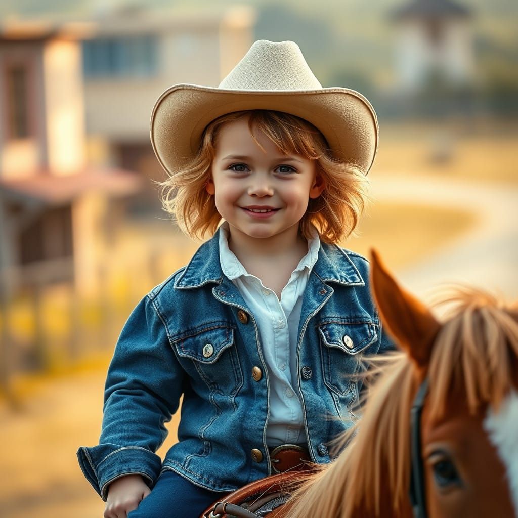 Cute Little Girl Riding Pony in Whimsical Urban Landscape