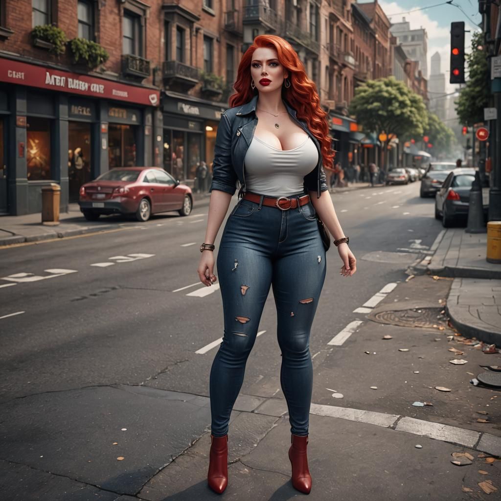 Curvy Redhead in Jeans: Detailed Fantasy Art