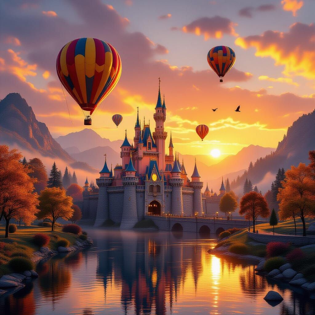 Golden Sunset Fantasy Landscape with Hot Air Balloons & Cast...