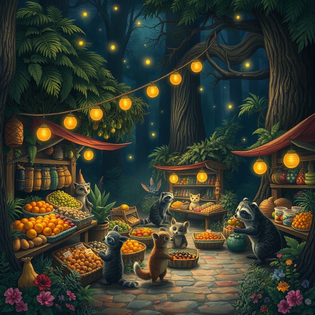 Whimsical Forest Night Market Illuminated by Fireflies
