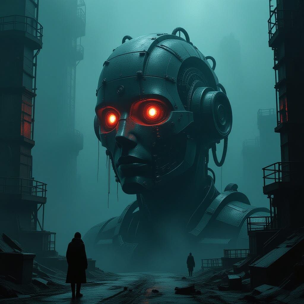 Ominous Mechanical Machinery in Dimly Lit Industrial Setting