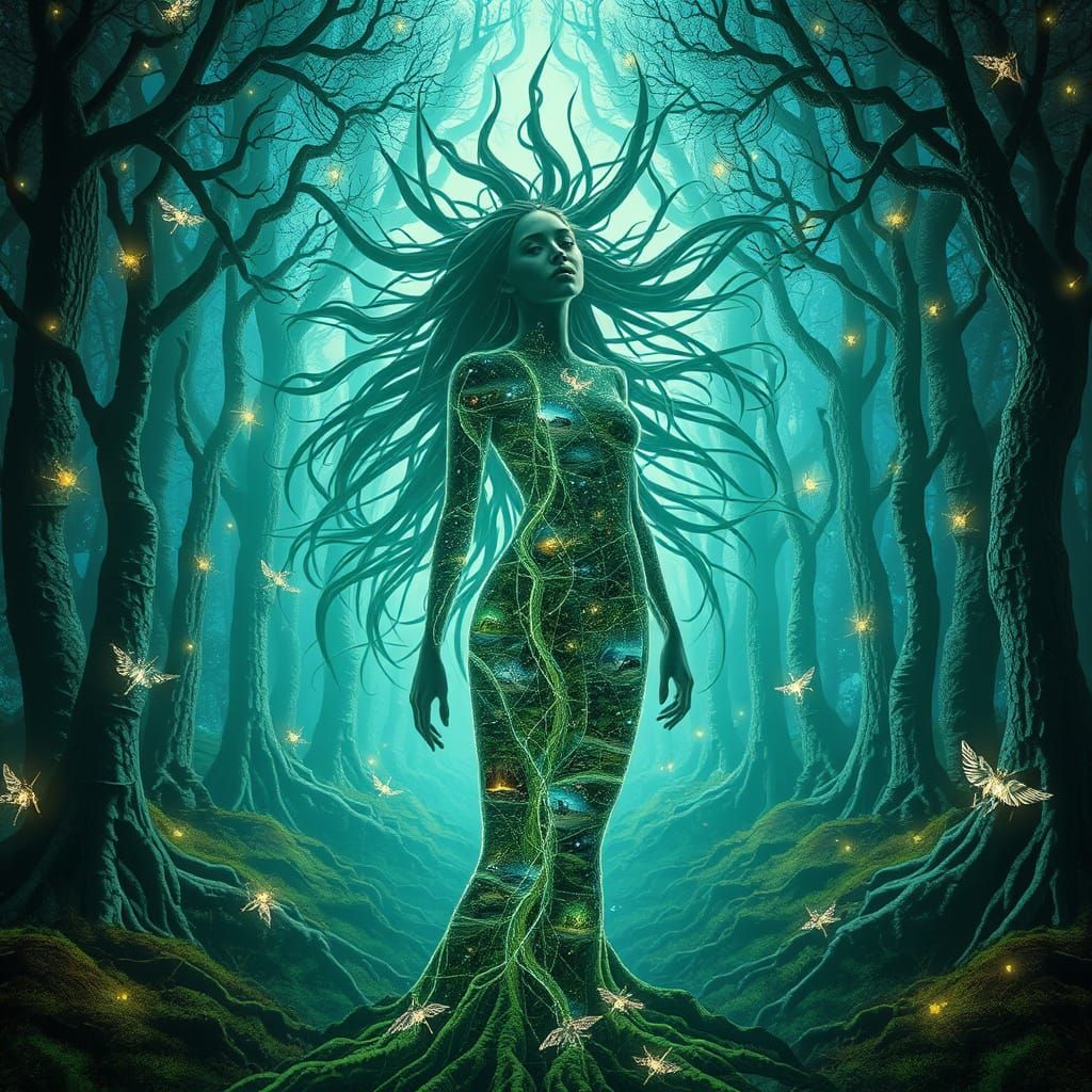Bioluminescent Forest with Mirrored Roots and Glowing Woman