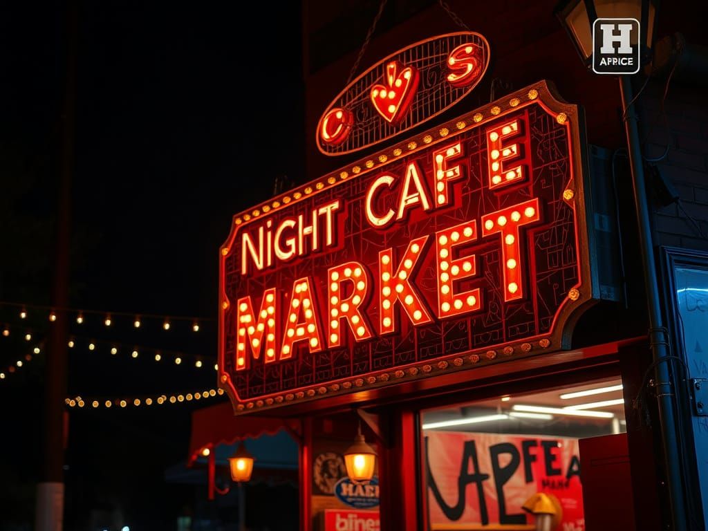 Hyperrealistic Nighttime Market Scene with Vibrant Sign and ...