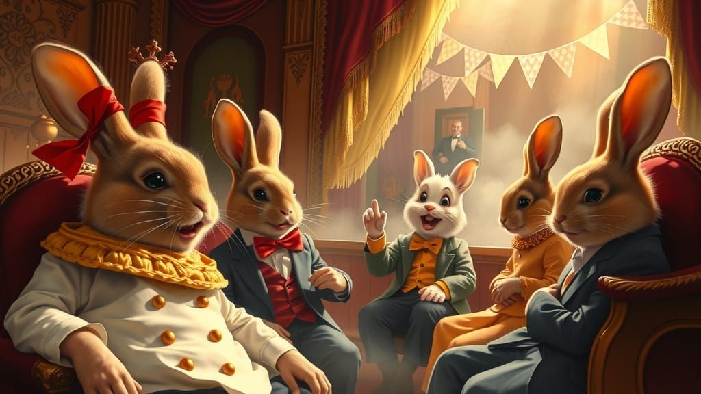 Rabbits Enjoying Slapstick Comedy in Kinkade Style