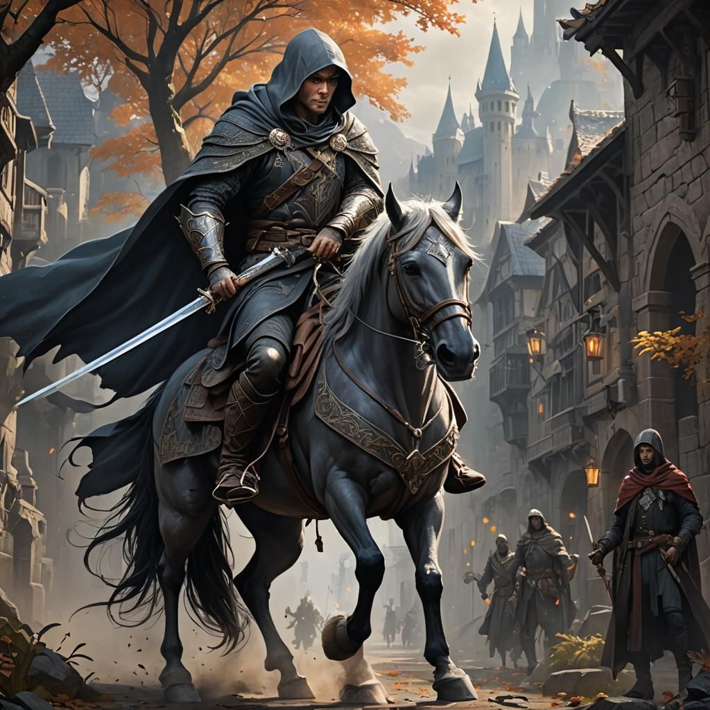 Fantasy Hero Gray Mouser on Horseback in Detailed Painting