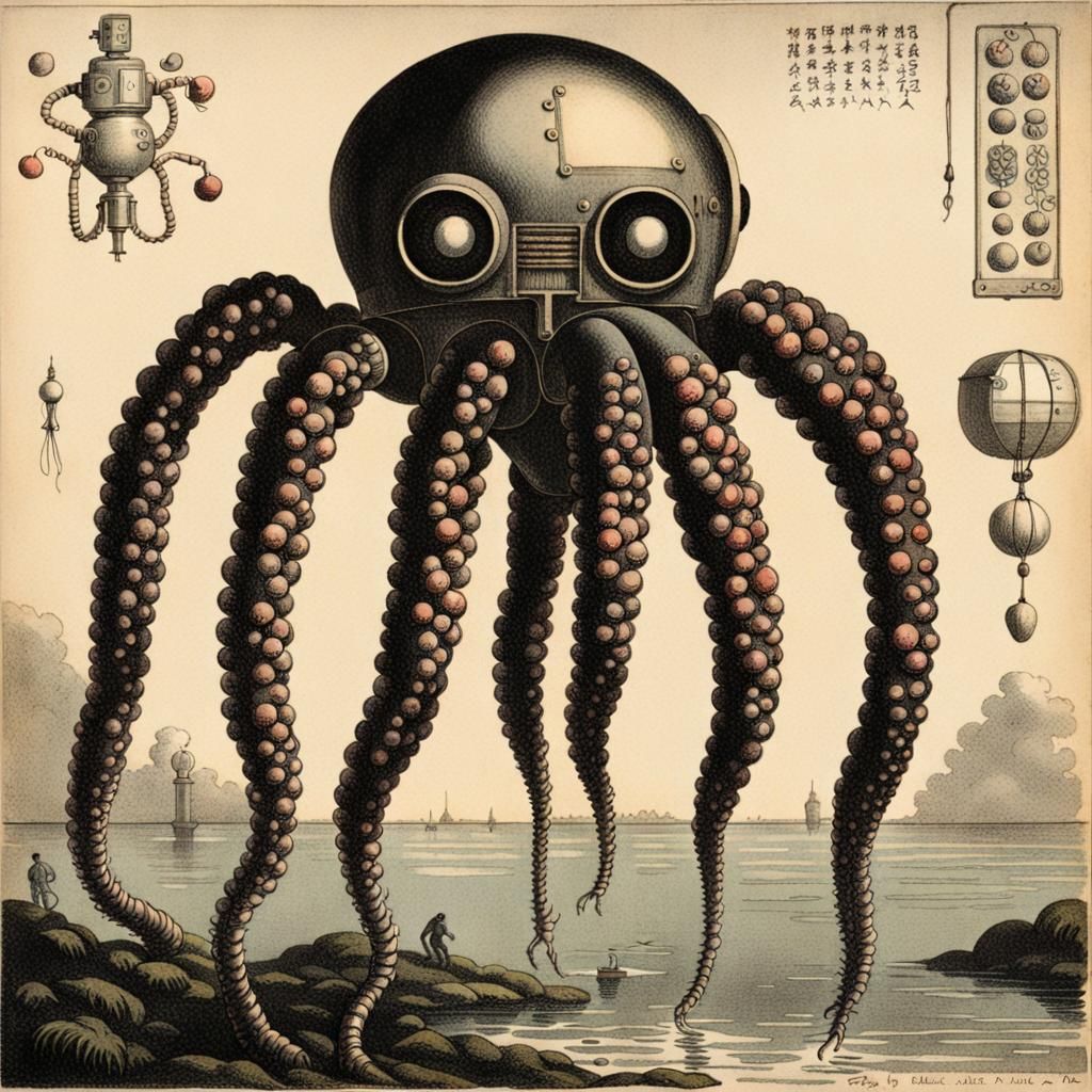 Sad Tentacle Lychee Robot in Early 1900s Style