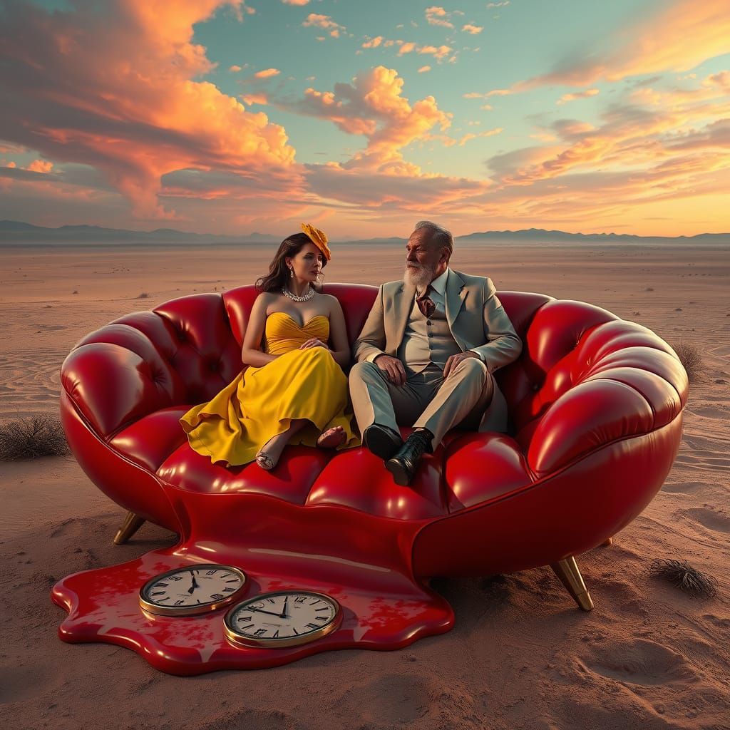 Surreal Desert Dreamscape with Lips Sofa, Digital Matte Pain...