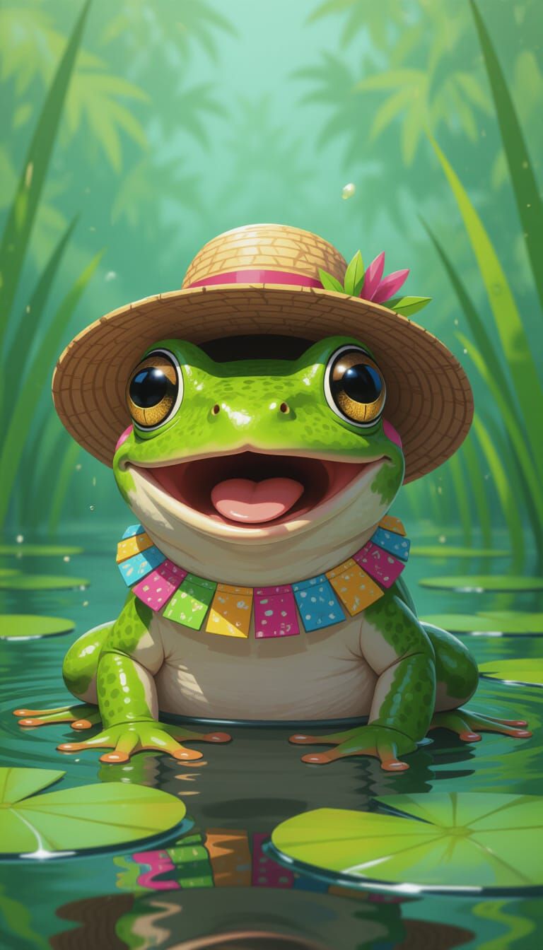 Surprised Frog with Hat in Lush Pond