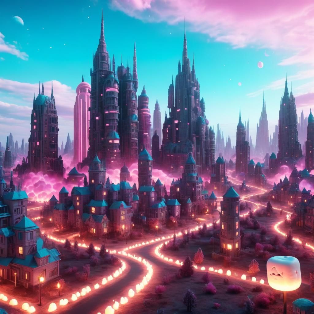 Dreamy Biopunk Marshmallow City in Cinematic Style