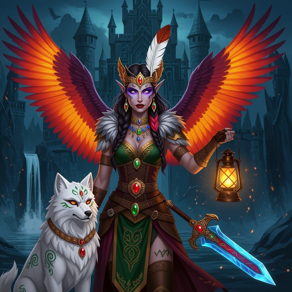 Goddess with Dragon Wings and Cerberus Pet
