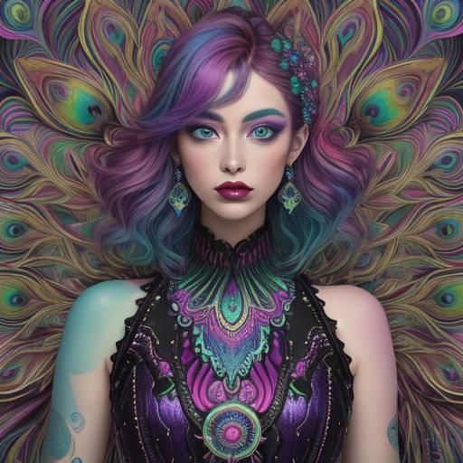 Psychedelic Woman with Peacock Hair Illustration