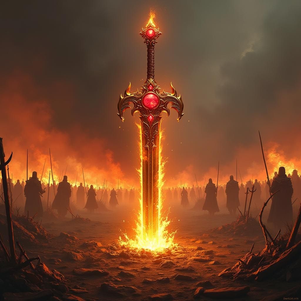 Majestic Golden Sword Rises from Burning Battlefield