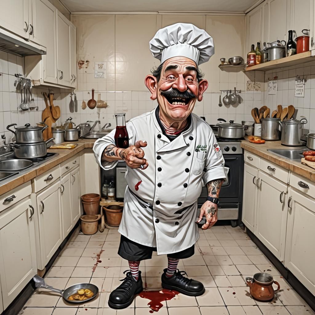 Ugly Chef Caricature in Kitchen with Wine