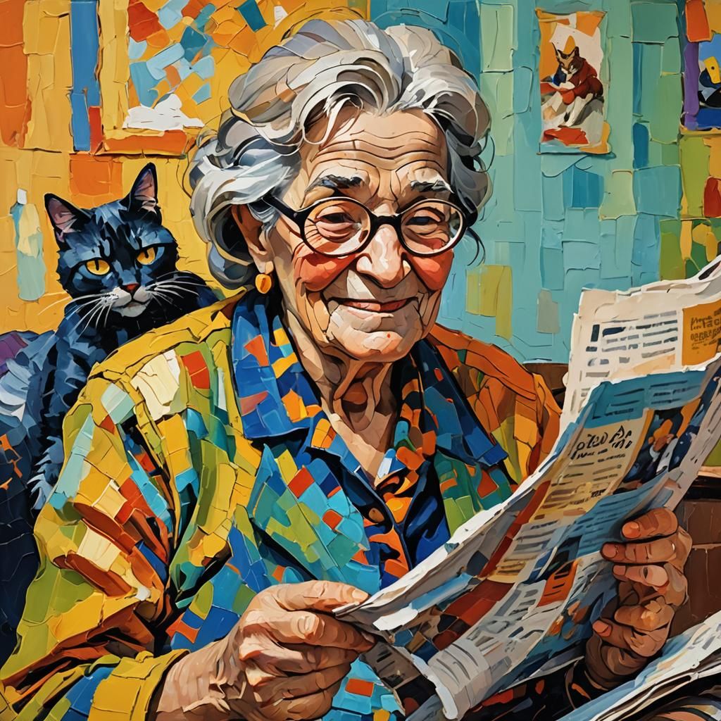 Smiling Old Woman with Cat, Expressionist Oil Painting