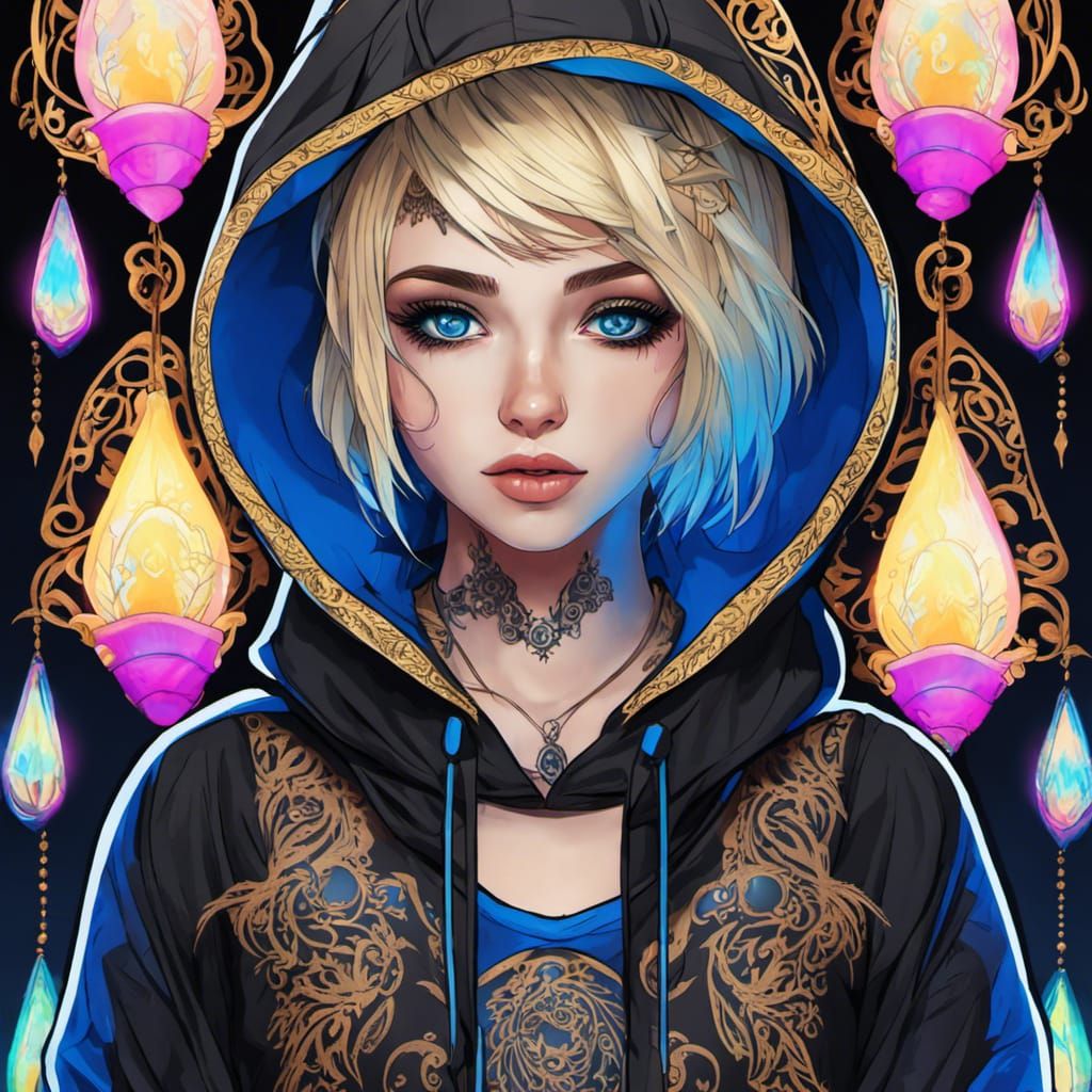 Anime Goth Girl Portrait in Neon Forest
