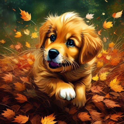 Golden Retriever Puppy Leaping in Autumn Leaves