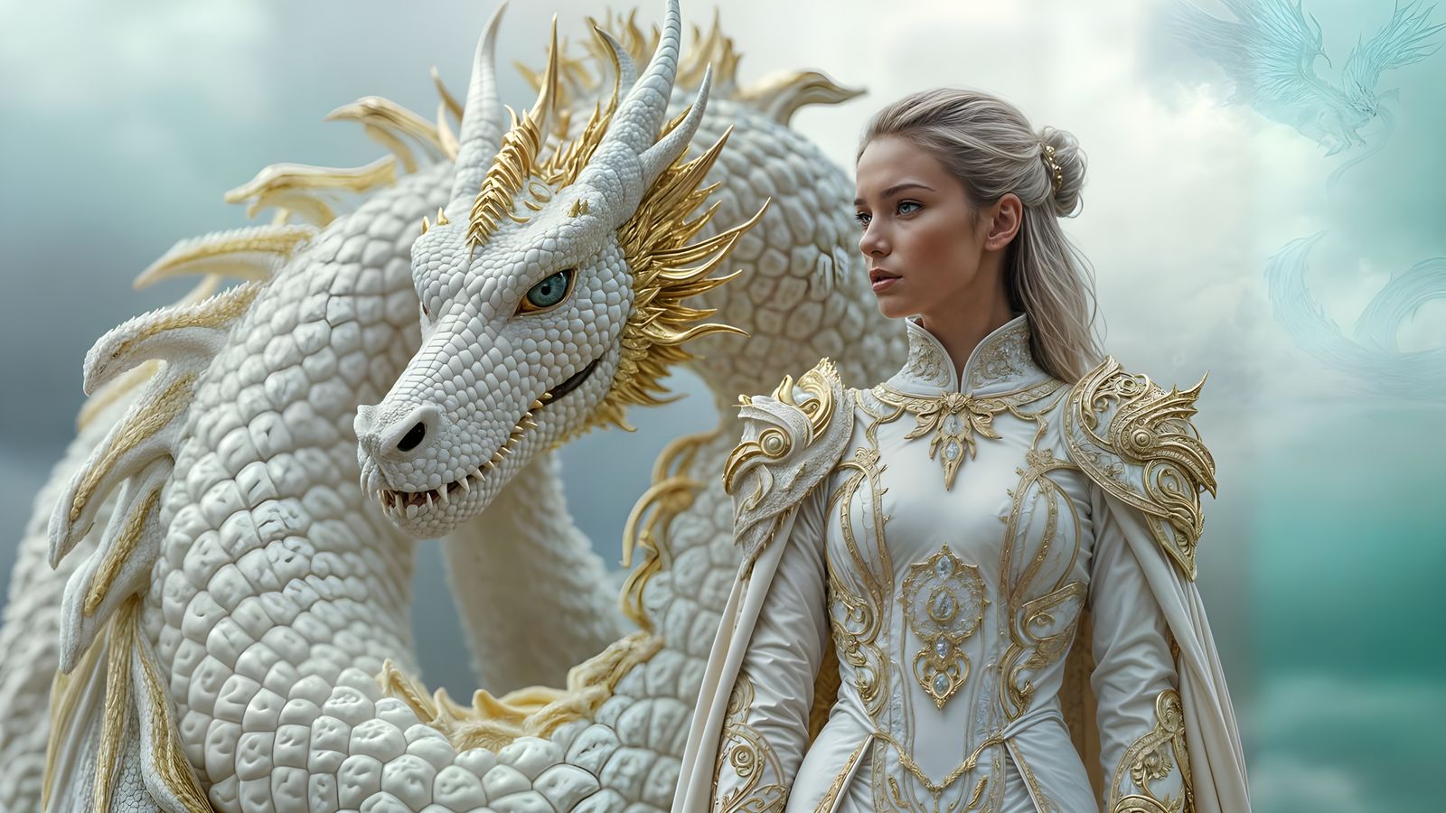 Dragon and Armored Woman in Ethereal Gothic Scene