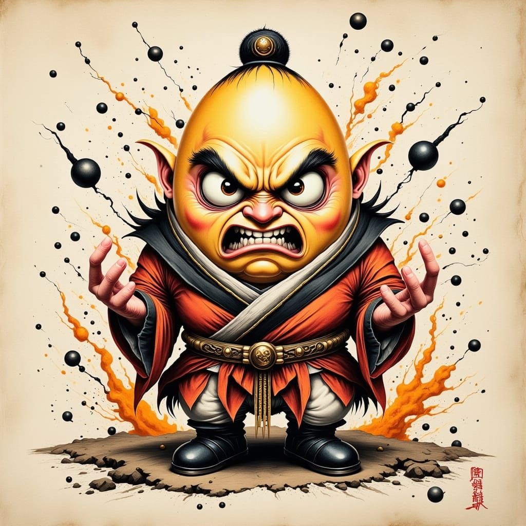 Angry Egg at Shaolin Temple in Ink Painting Style