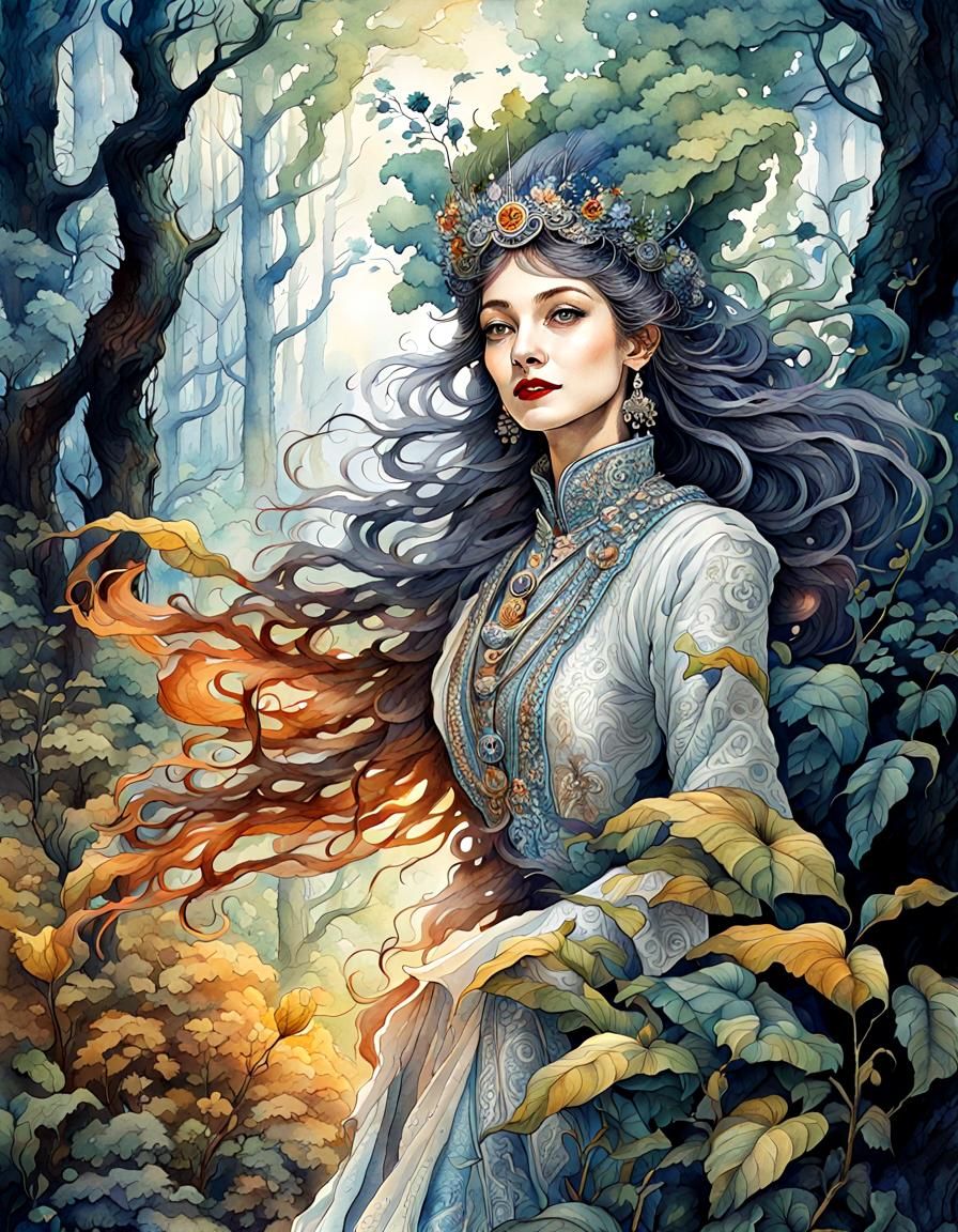 Monster Lady's Forest Adventure: Detailed Watercolor Art