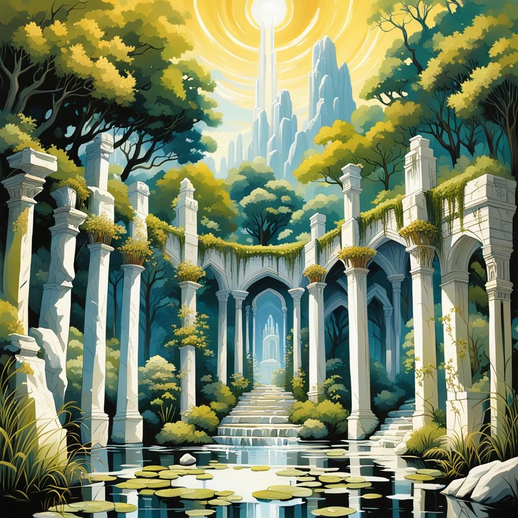 Ethereal Gothic Garden of Stone Pillars in Sunlight