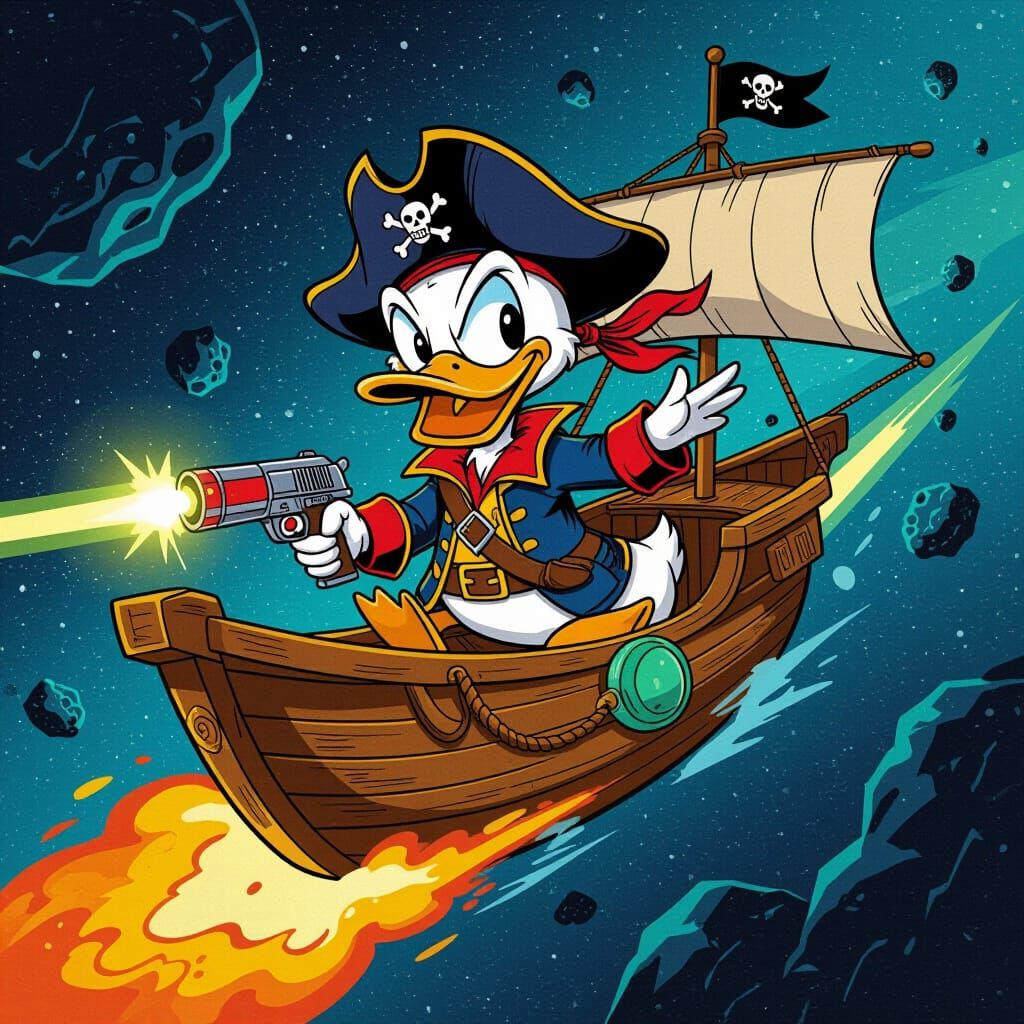 Pirate Duck in Space Galleon Navigates Asteroid Field