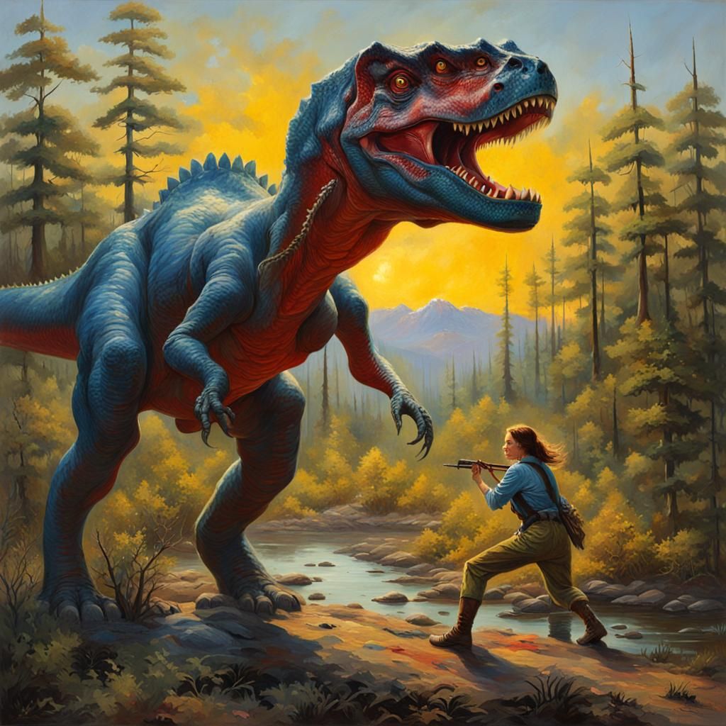 Dinosaurs Clash in a Tri-Sun Landscape, Oil Painting