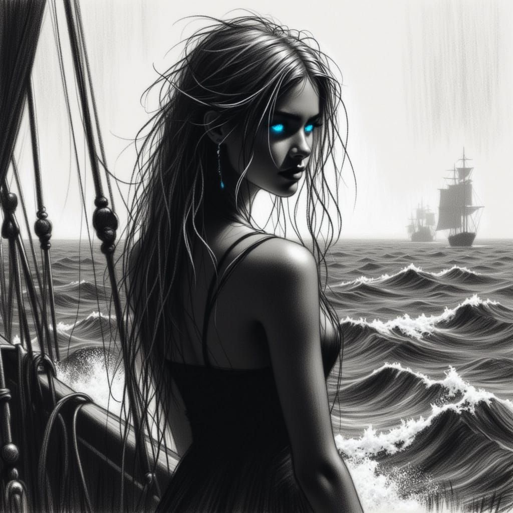 Charcoal Portrait of a Pirate Woman with Blue Eyes