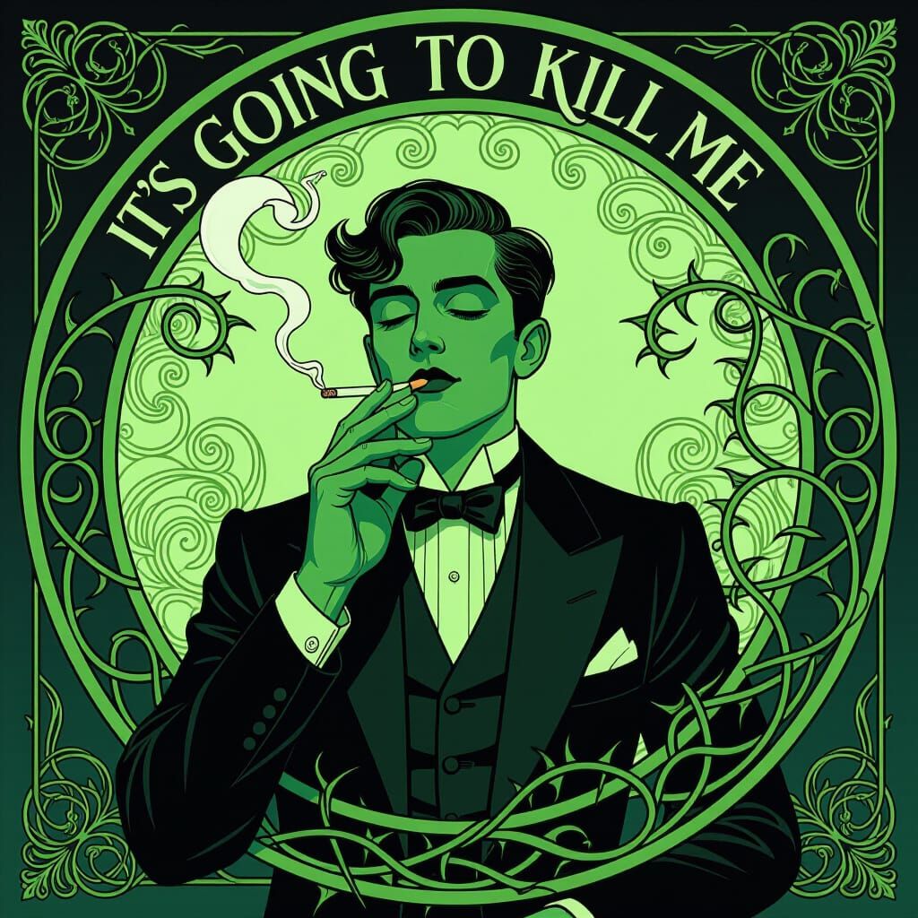 Art Nouveau Man Smoking and Eating Sugar with Ornate Swirls