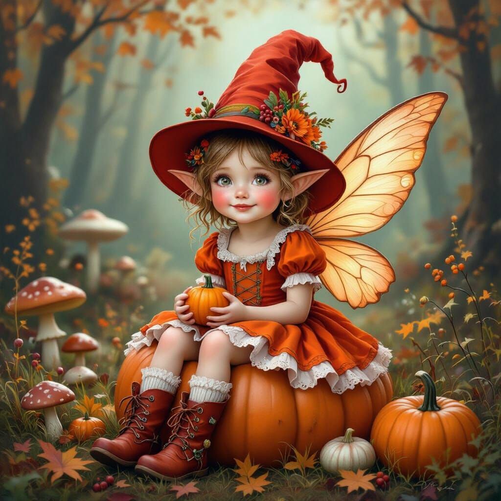 Whimsical Fairy Child on Pumpkin in Enchanted Autumn Forest