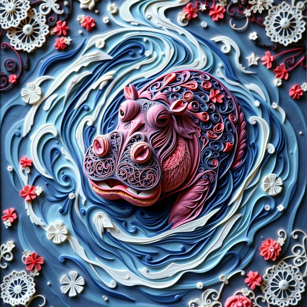 Quilled Hippo in Filigree River with Vibrant Gothic Flair