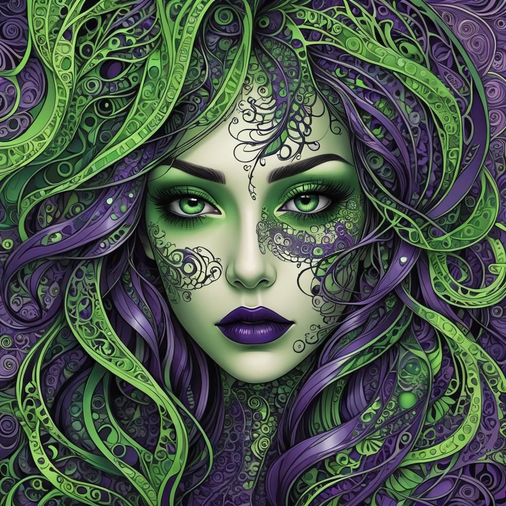 Green Eyes, Black Lips, Purple Hair in Abstract Style