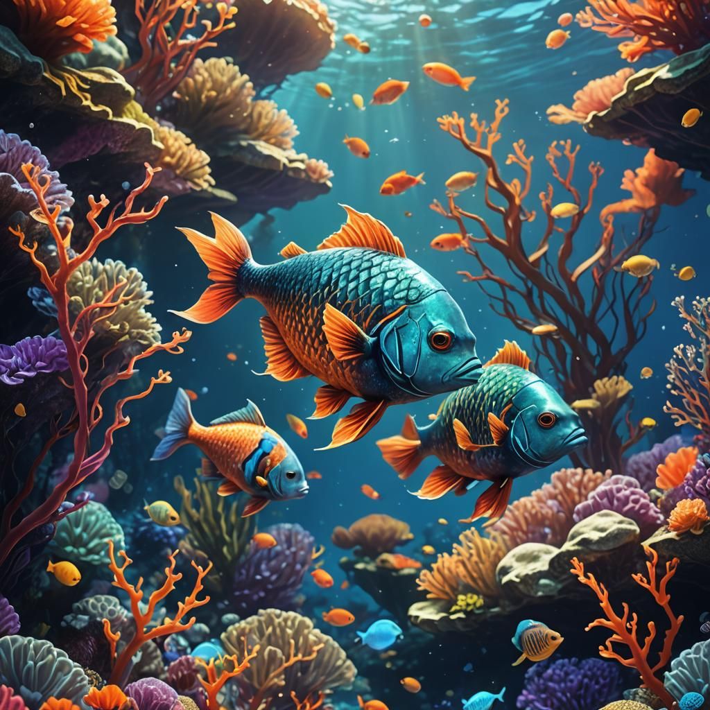 Colorful Fish Swim in Vibrant Fantasy Ocean