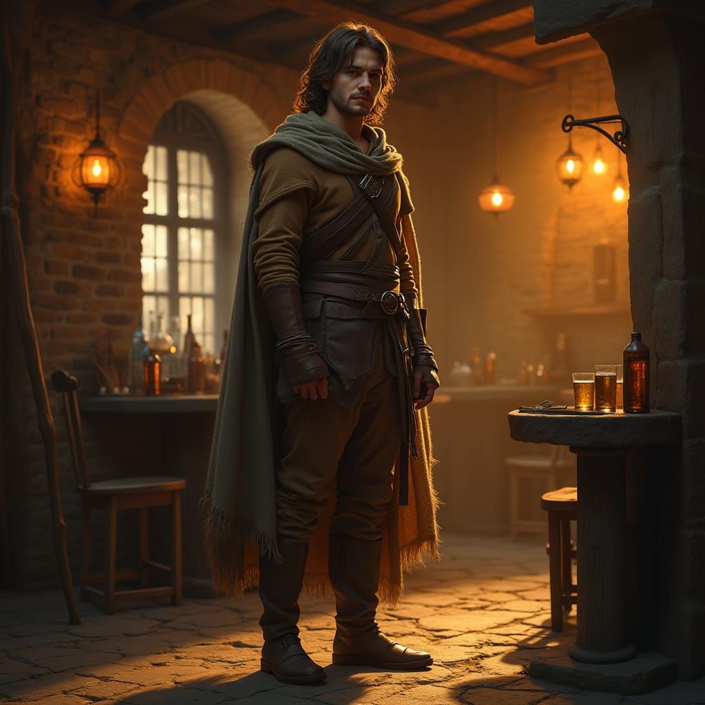 Young Adventurer in Rustic Tavern