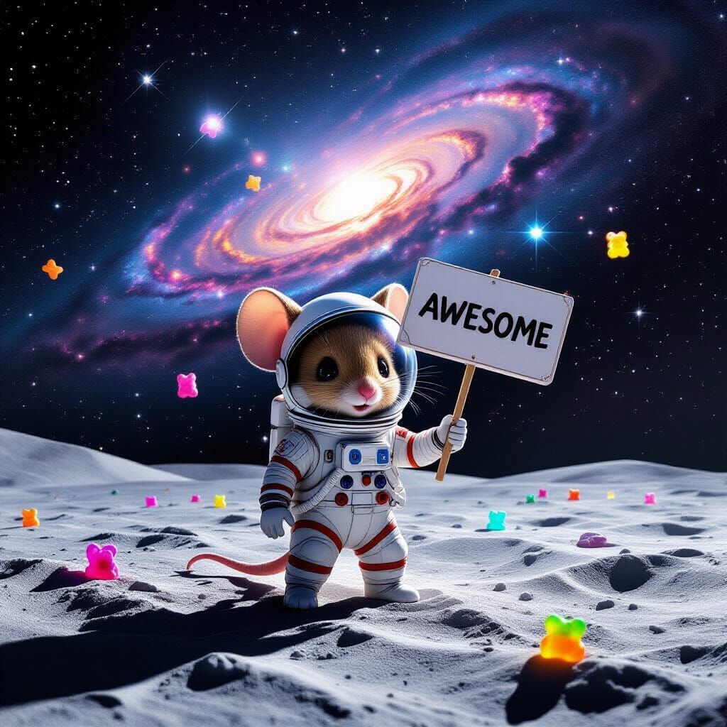 Chibi Mouse on Moon Holds 'Awesome' Sign Amidst Nebula
