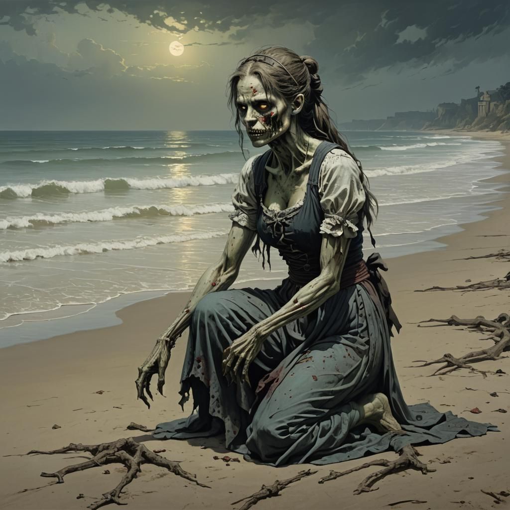 Attractive Zombie Woman Kneeling on Beach