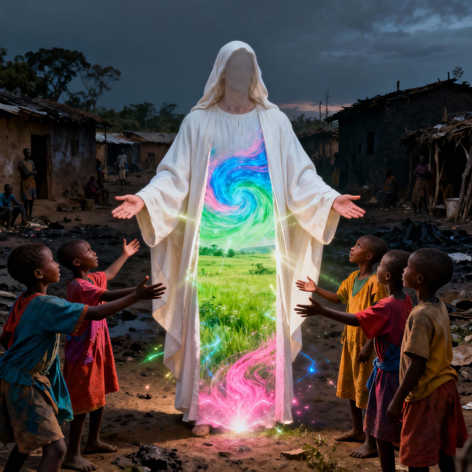 Faceless Figure Reveals Luminous Pasture to Children