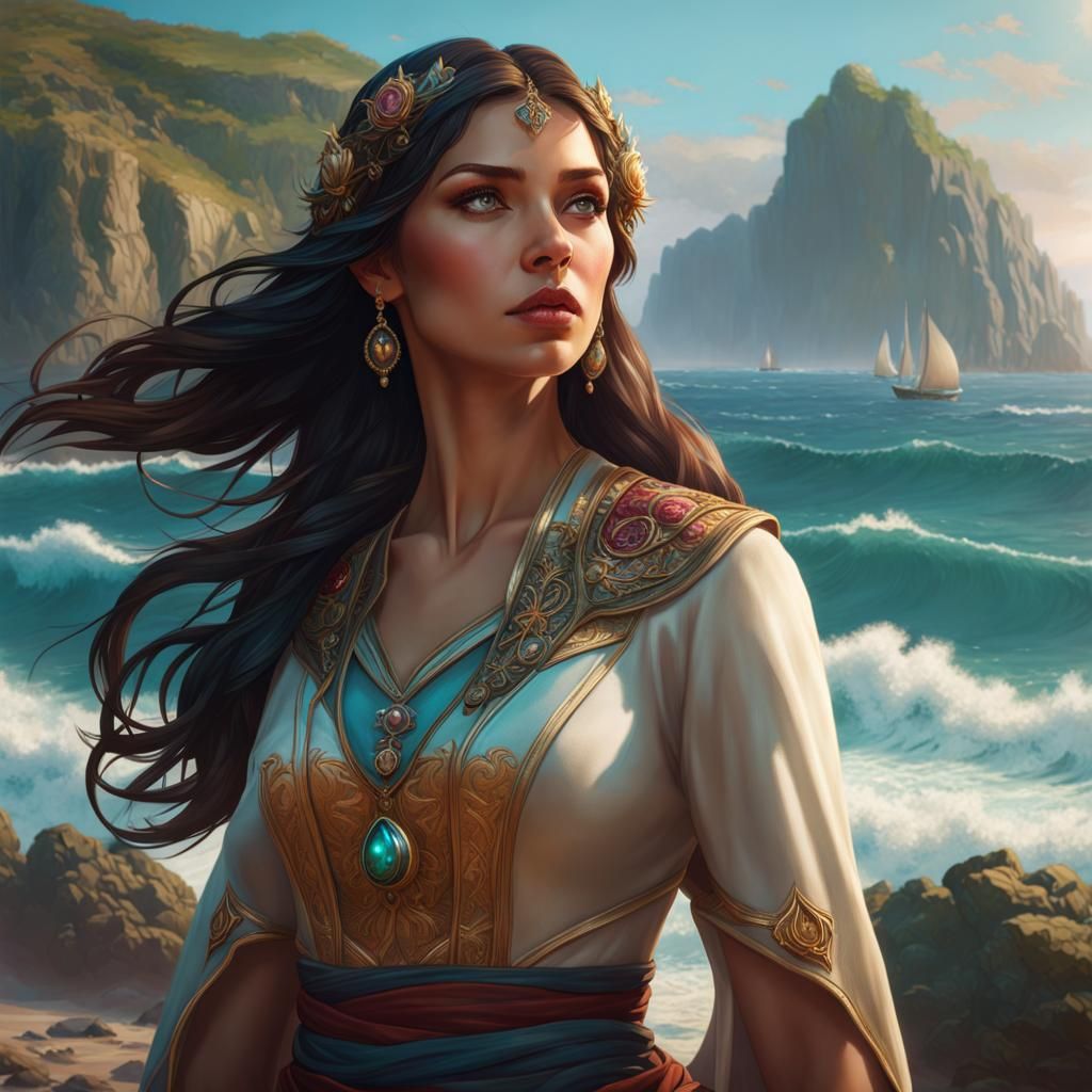 Woman Gazing at Sea: Hyperdetailed Fantasy Portrait