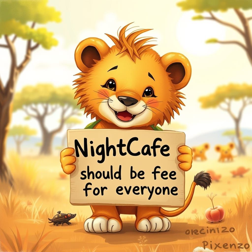 Whimsical Lion Cub Advocates for Free Premium in Vibrant Sav...