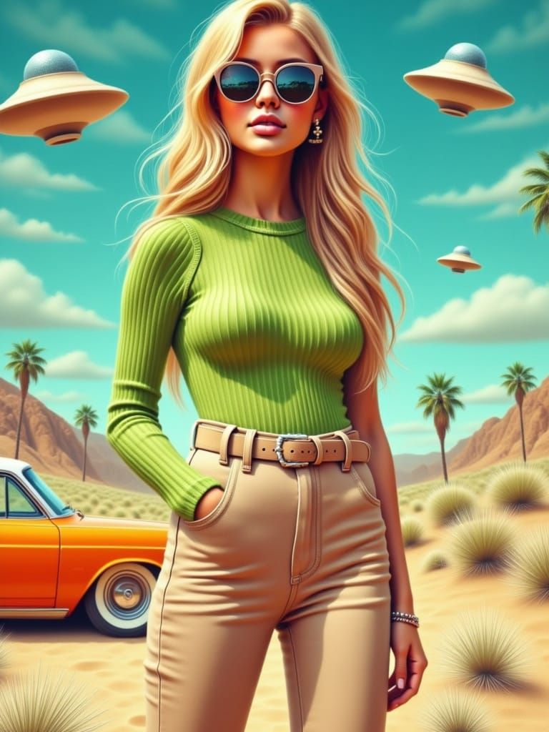 Confident Woman Basks in Retro-Futuristic Desert Oasis
