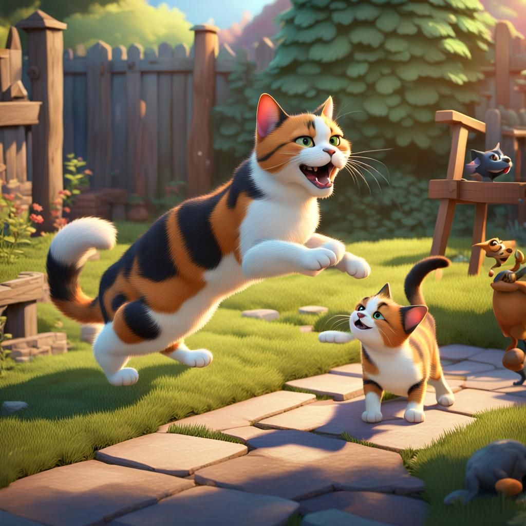 Calico Cat Hissing at Dog: 3D Digital Art