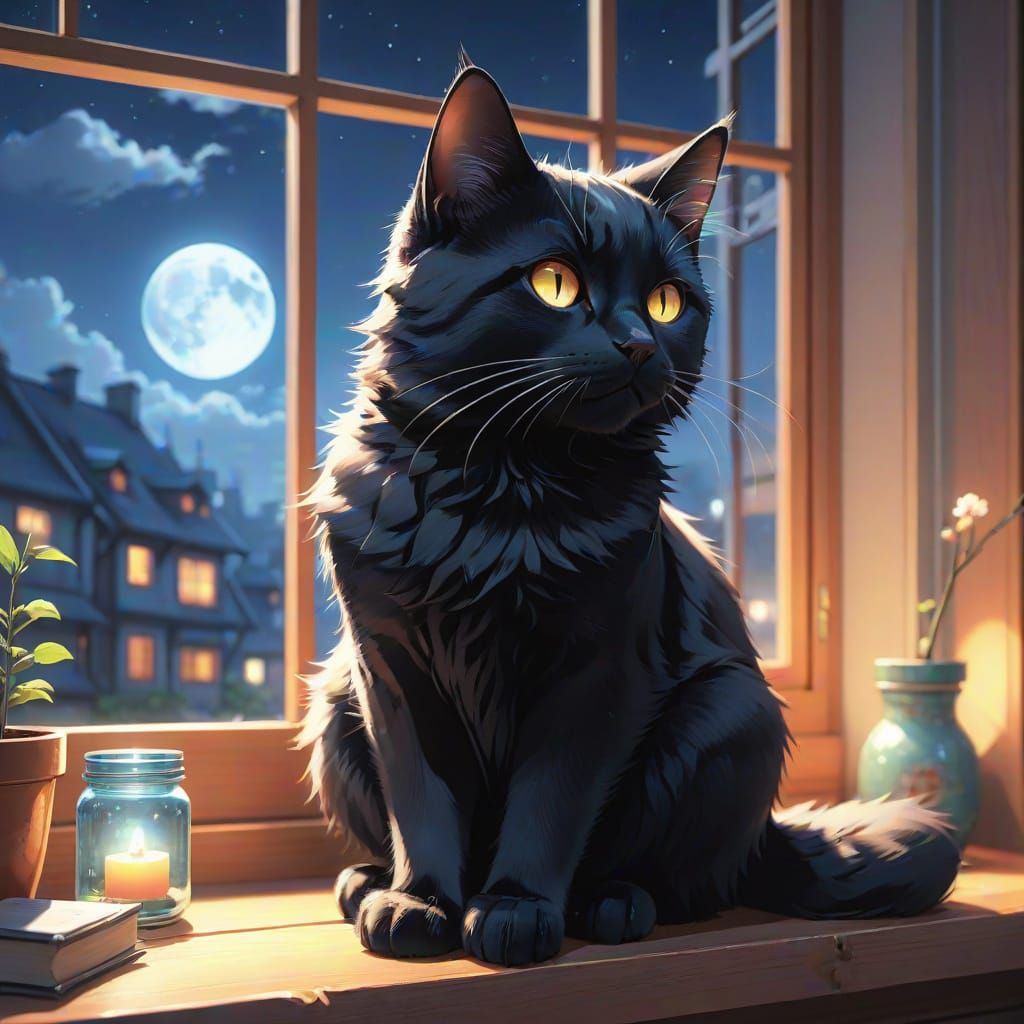Anime Black Cat on Moonlit Windowsill in 3D