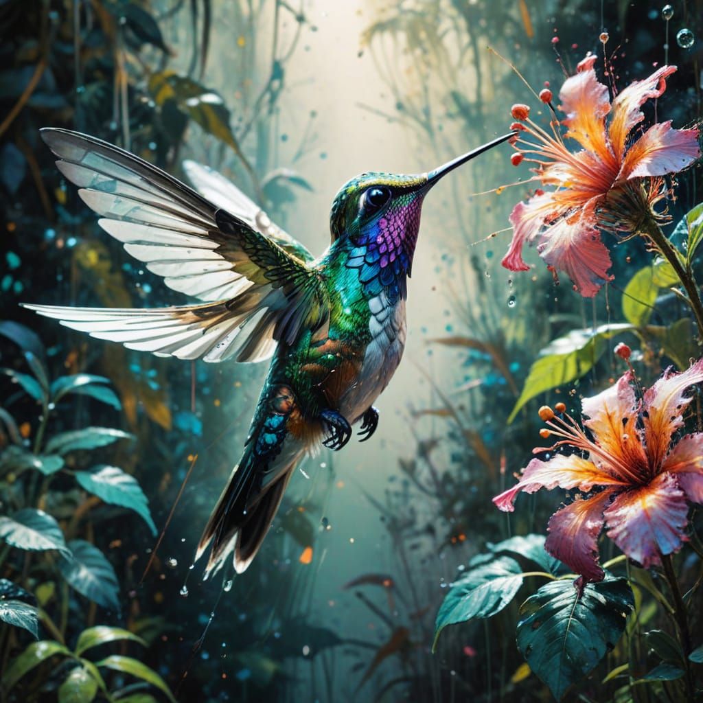 Iridescent Hummingbird in Jungle Glade: Ink and Watercolor