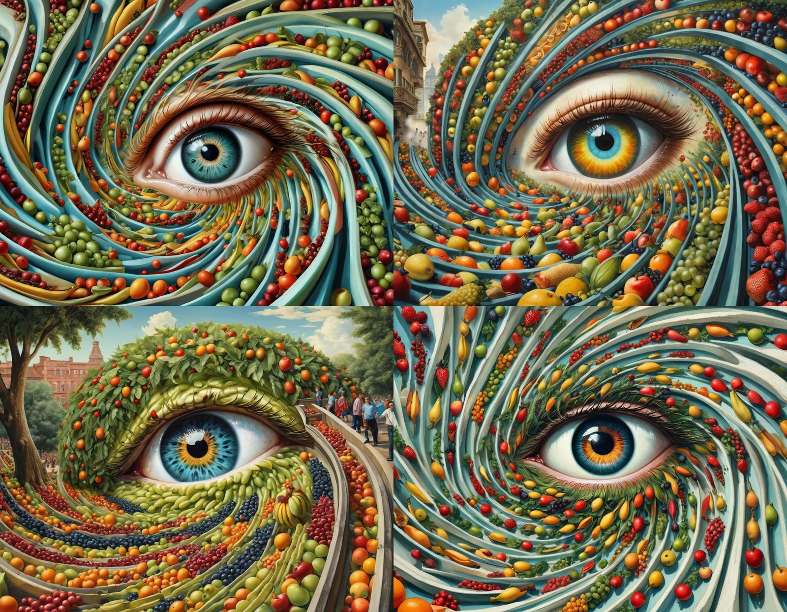 Surreal Dreamscape with Floating Fruit and Giant Eye